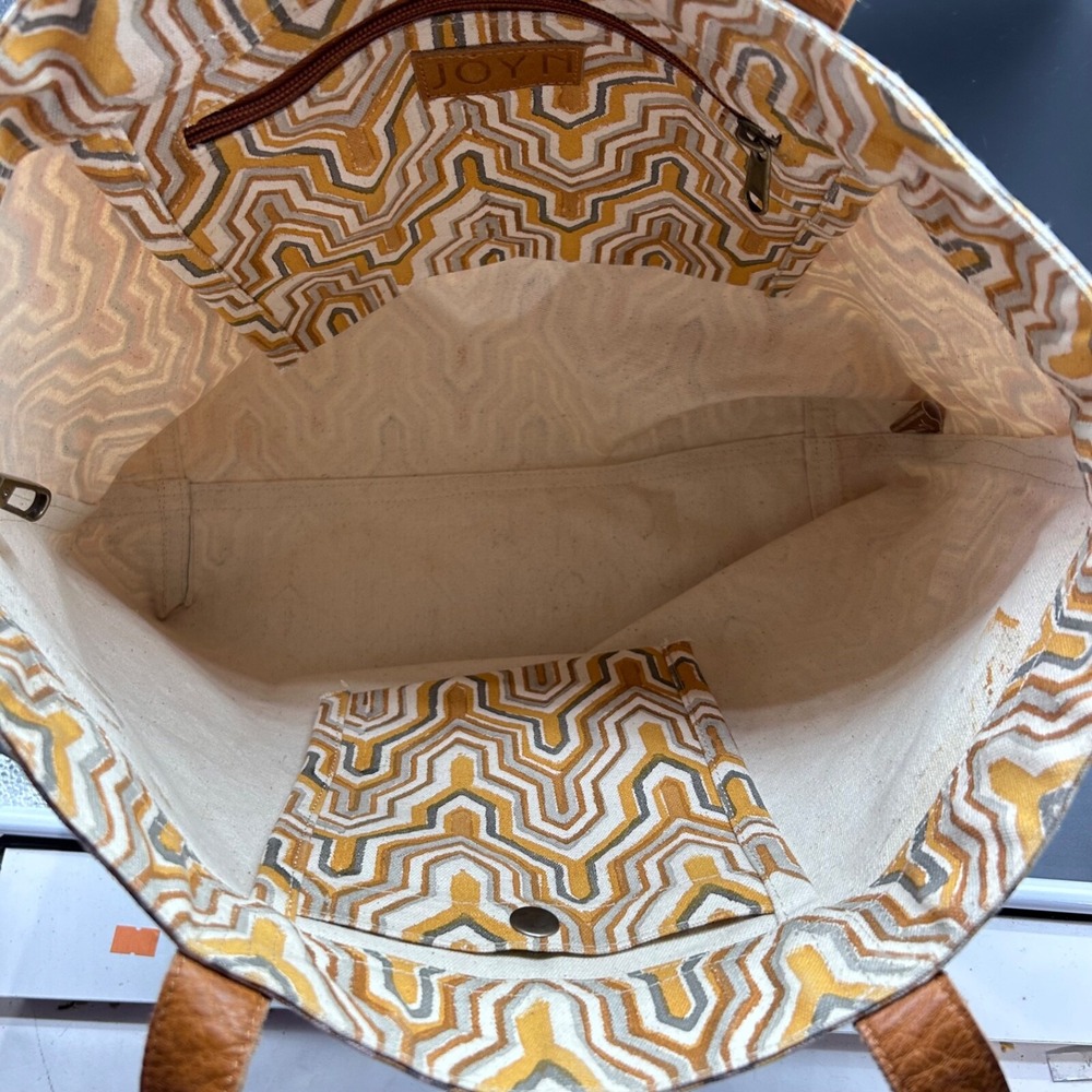 Joyn Purse‎ Tote Cotton With Leather Straps Yellow Geometric  Medium bohemian - Picture 6 of 9